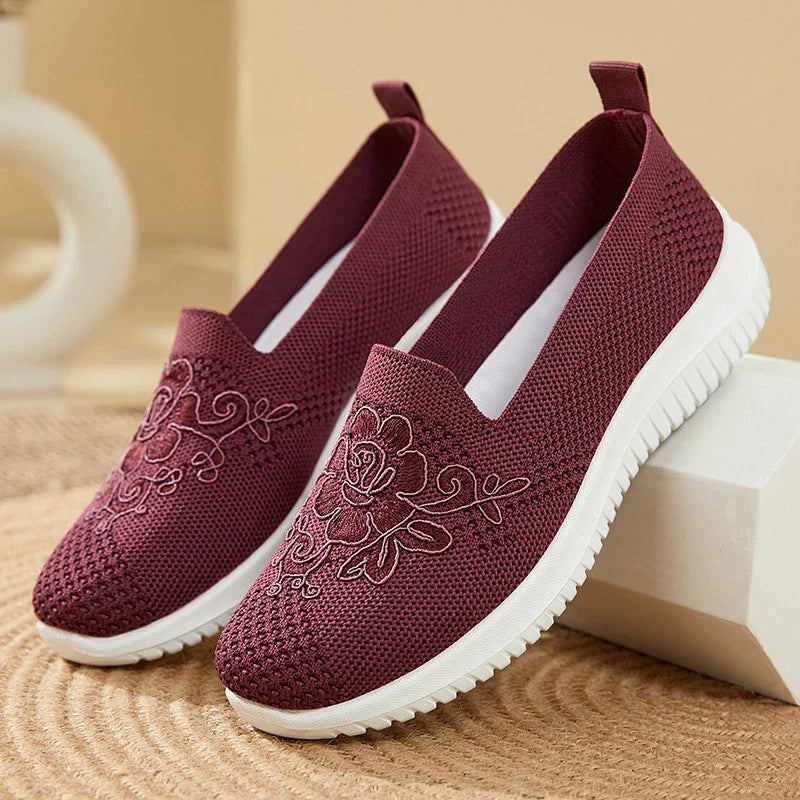Damen Sneaker, bordeaux, Mesh, Blumenmuster, atmungsaktiv, rutschfest, bequem, Freizeit.