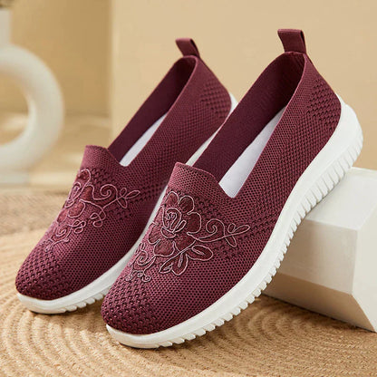 Damen Sneaker, bordeaux, Mesh, Blumenmuster, atmungsaktiv, rutschfest, bequem, Freizeit.