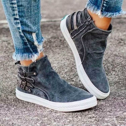 Damen Sneaker Stiefeletten, grau, Wildleder, Reißverschluss, Schnallen, modisch, bequem, Freizeit.