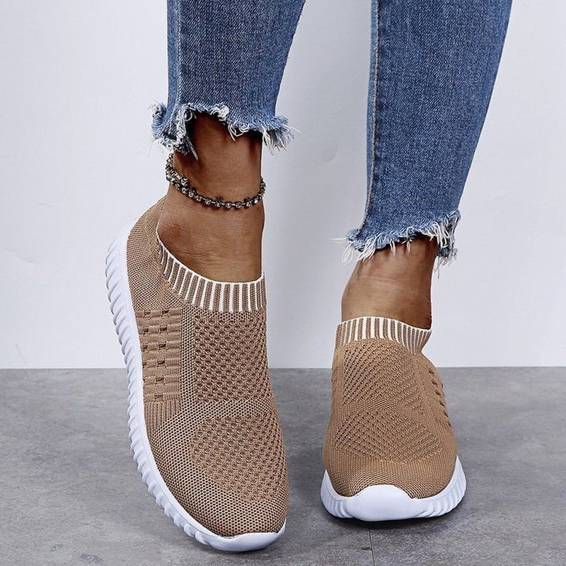 Damen Sneaker beige Strick, atmungsaktiv, rutschfest, modisch, bequem, Freizeit, Jeans.