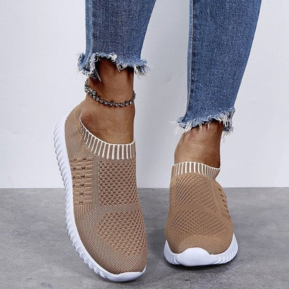 Damen Sneaker beige Strick, atmungsaktiv, rutschfest, modisch, bequem, Freizeit, Jeans.