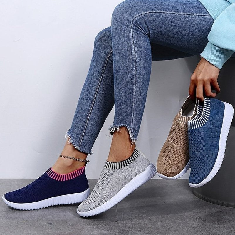 Damen Sneaker, gestrickt, blau und beige, bequem, modisch, Freizeit, rutschfest, atmungsaktiv