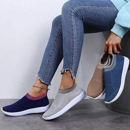 Damen Sneaker, gestrickt, blau und beige, bequem, modisch, Freizeit, rutschfest, atmungsaktiv