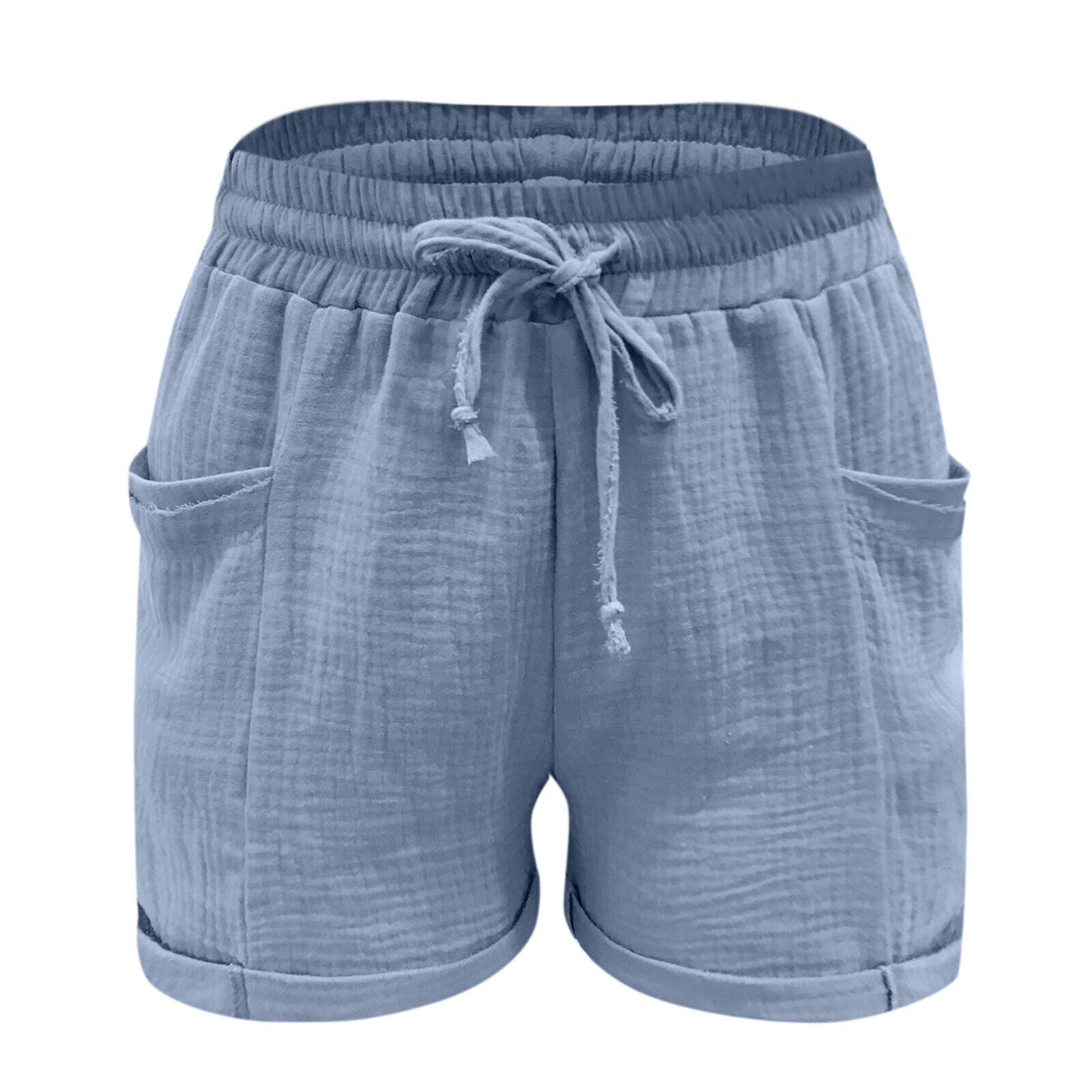 Hellblaue Damen-Shorts aus Baumwolle mit Kordelzug und Taschen, lässig und bequem.
