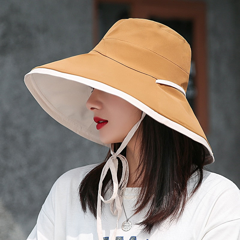 Damen Sonnenhut beige, breite Krempe, UV-Schutz, Sommermode, Outdoor, Baumwolle.