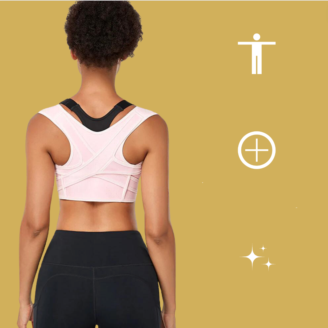 Frau in rosa Sport-BH und schwarzer Leggings von hinten auf gelbem Hintergrund.