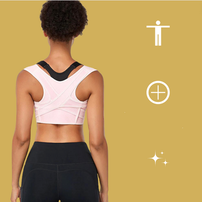 Frau in rosa Sport-BH und schwarzer Leggings von hinten auf gelbem Hintergrund.