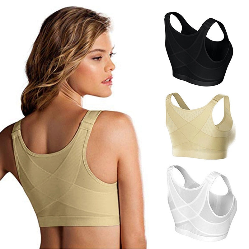 Damen-Rückenstütz-BH in Beige, Schwarz und Weiß, nahtlos, bequem, für Sport und Alltag.