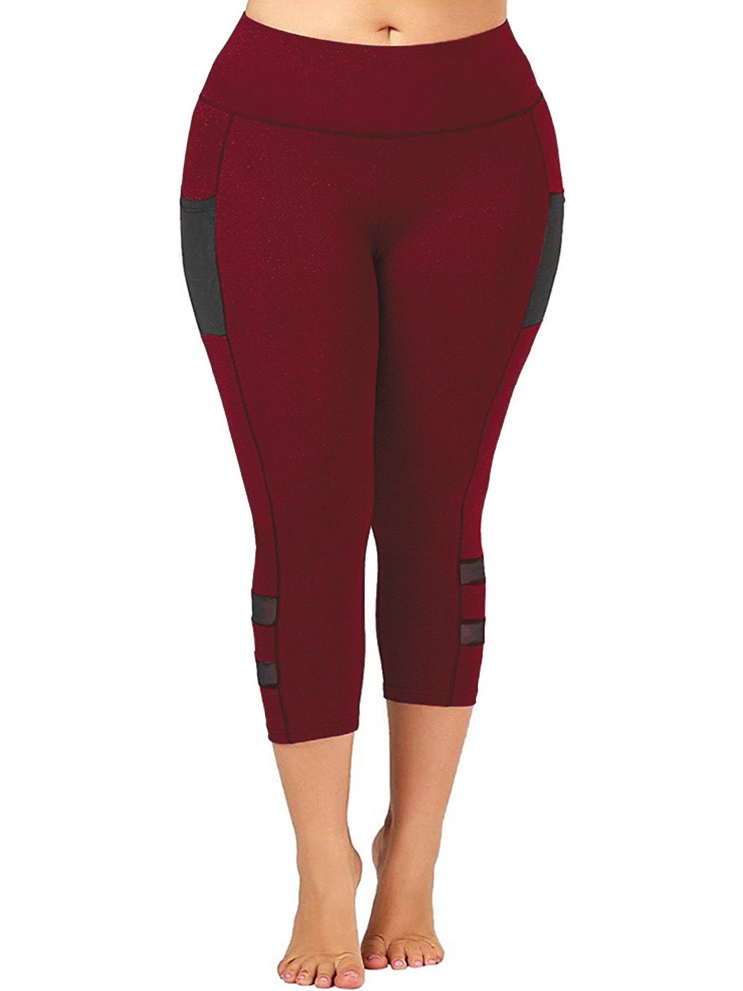 Damen Sportleggings bordeaux, knielang, mit schwarzen Akzenten, elastisch, Fitnessbekleidung.