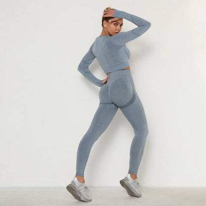 Damen Sport-Set, nahtlos, grau, langärmelig, Leggings, Fitness, Yoga, atmungsaktiv.