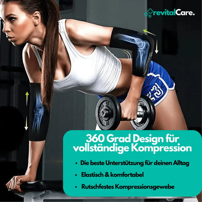 Frau trainiert mit Hanteln, trägt blaue Kompressionsärmel, Fitness, Sportbekleidung, Elastisch.