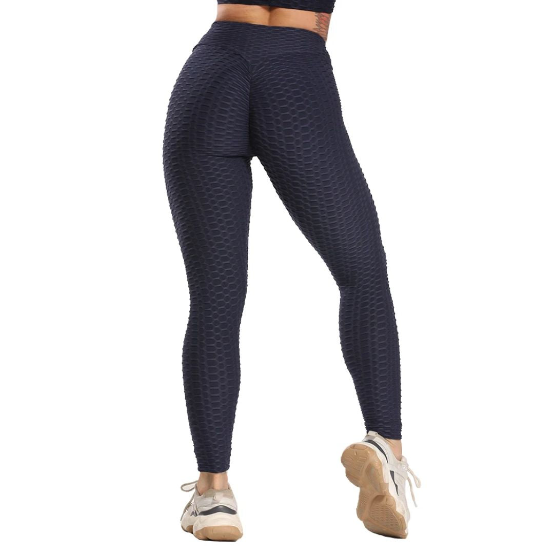 Dunkelblaue, nahtlose Leggings mit Wabenmuster für Damen, ideal für Fitness und Sport.