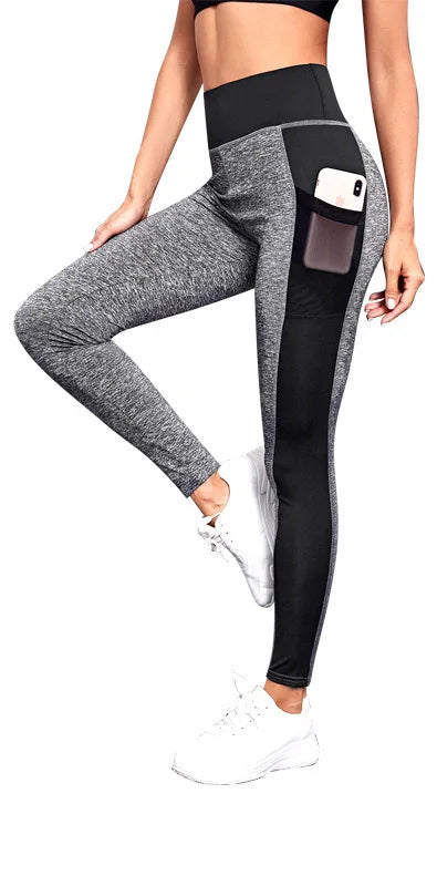 Damen Sportleggings mit Handytasche, grau-schwarz, hoher Bund, Fitness, Yoga, atmungsaktiv.