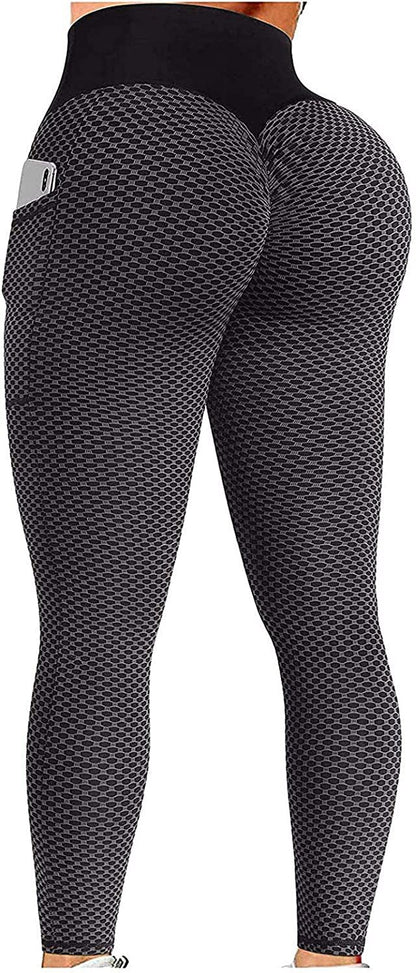 Graue Damen-Leggings mit hoher Taille und Tasche, nahtlos, figurbetont, Sportbekleidung.