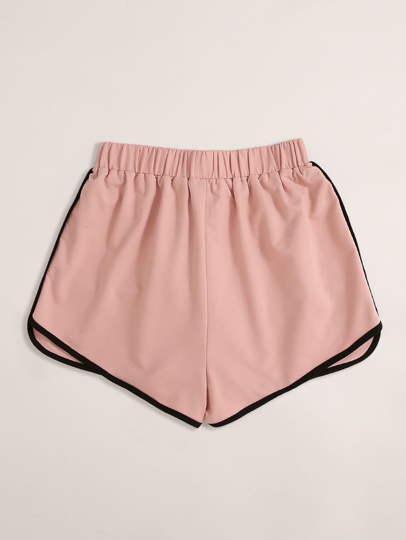 Rosa Damen-Shorts mit schwarzem Rand, elastischer Bund, Sportbekleidung, bequem.