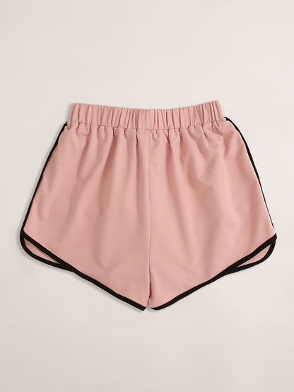 Rosa Damen-Shorts mit schwarzem Rand, elastischer Bund, Sportbekleidung, bequem.