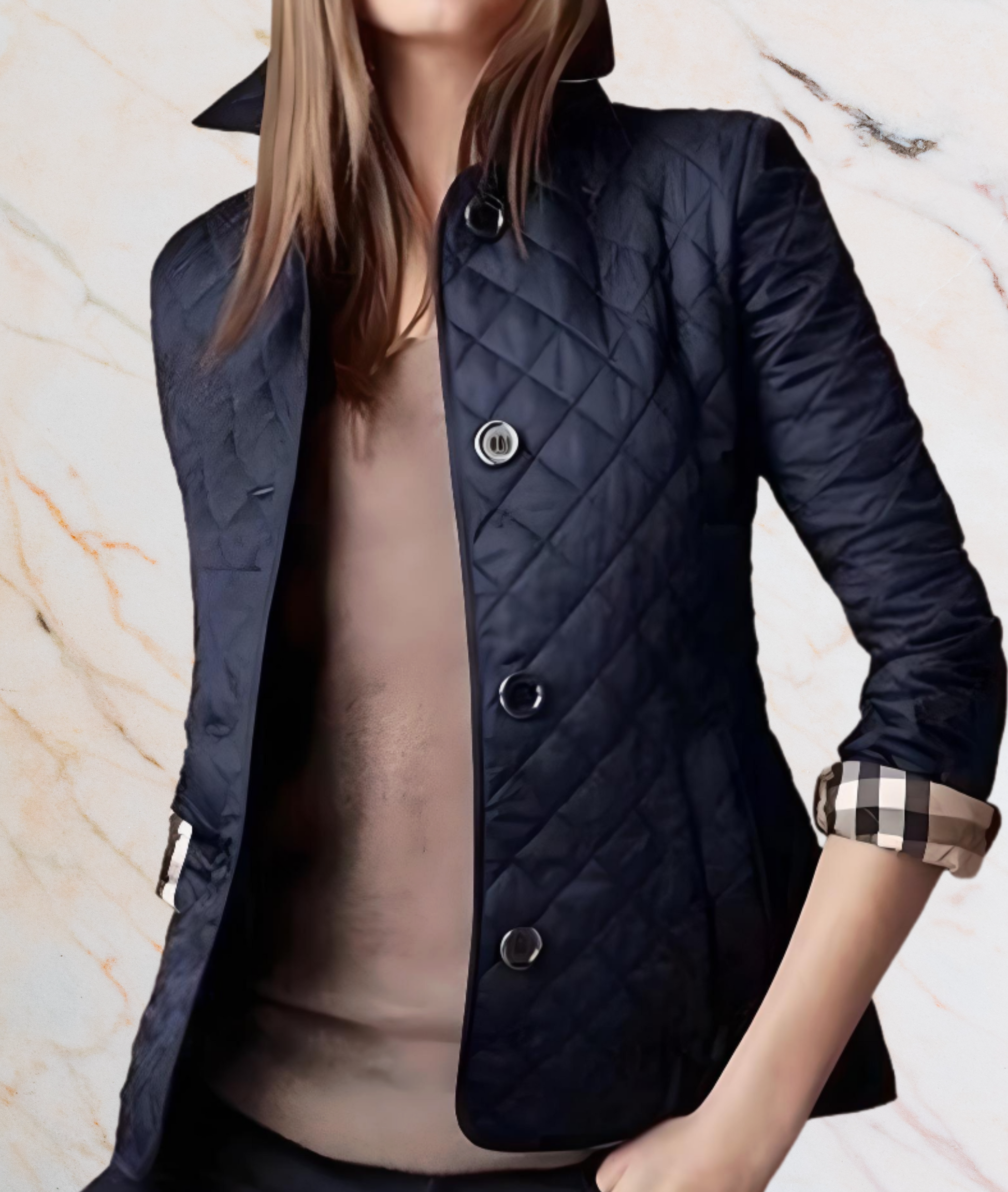 Damen Steppjacke, dunkelblau, Knopfleiste, elegantes Design, Herbstmode, Freizeitkleidung.