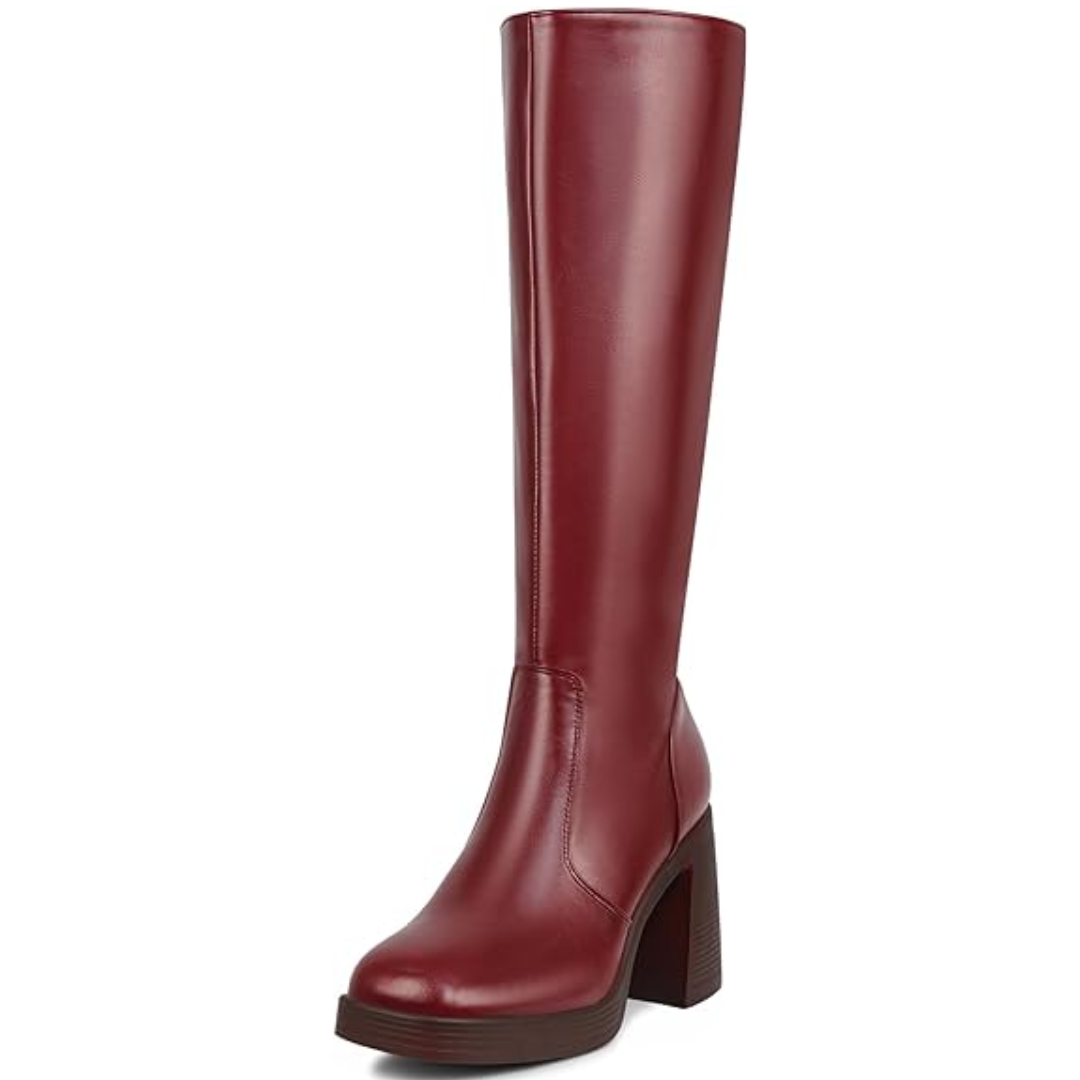 Bordeauxrote Damenstiefel aus Leder mit Blockabsatz, knielang, modisch, elegant.