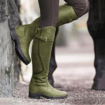 Grüne Damenstiefel aus PU-Leder, Reißverschluss, retro, lässig, niedriger Absatz, modisch.