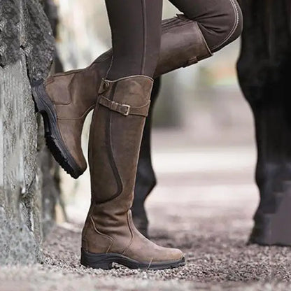Damenstiefel aus PU-Leder, braun, Reißverschluss, retro, lässig, niedriger Absatz, modisch.