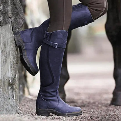 Damenstiefel aus PU-Leder, blau, Reißverschluss, retro, niedriger Absatz, modisch, lässig.
