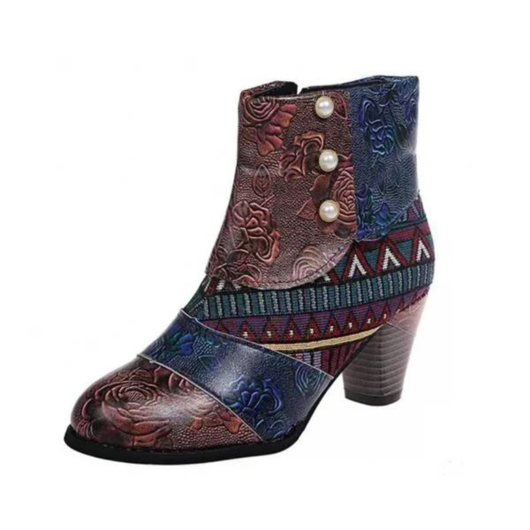 Damenstiefelette, bunt, Leder, Blumenmuster, Absatz, Knöpfe, modisch, Herbstmode.