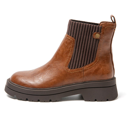 Brauner Chelsea-Boot aus Lederimitat mit elastischem Einsatz und robuster Sohle für Damen.