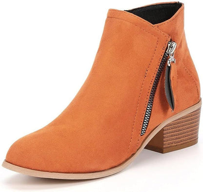 Damen Stiefelette, hellbraun, Wildlederoptik, Reißverschluss, Blockabsatz, modisch, bequem.