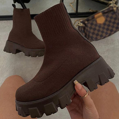 Brauner Damen-Stiefel mit dicker Sohle, Strickmaterial, modisch, robust, Herbst-Winter-Schuh.