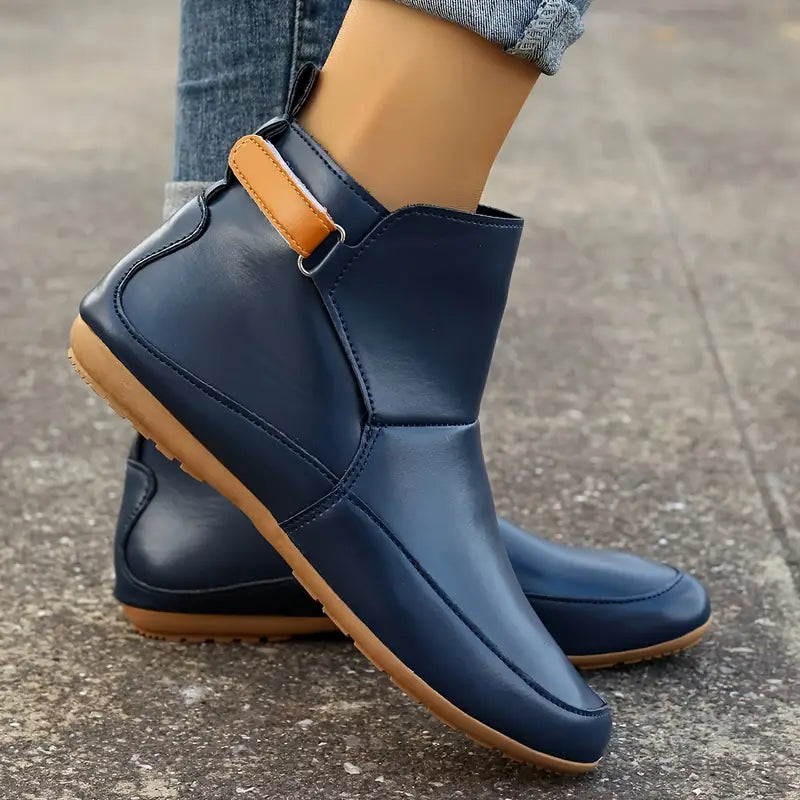 Damenstiefeletten blau Leder, rutschfeste Sohle, modisch, bequem, Herbst-Winter-Schuhe.
