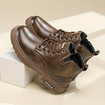 Braune Lederstiefel mit Schnürung, rutschfeste Sohle, modisch, robust, für Herbst/Winter.