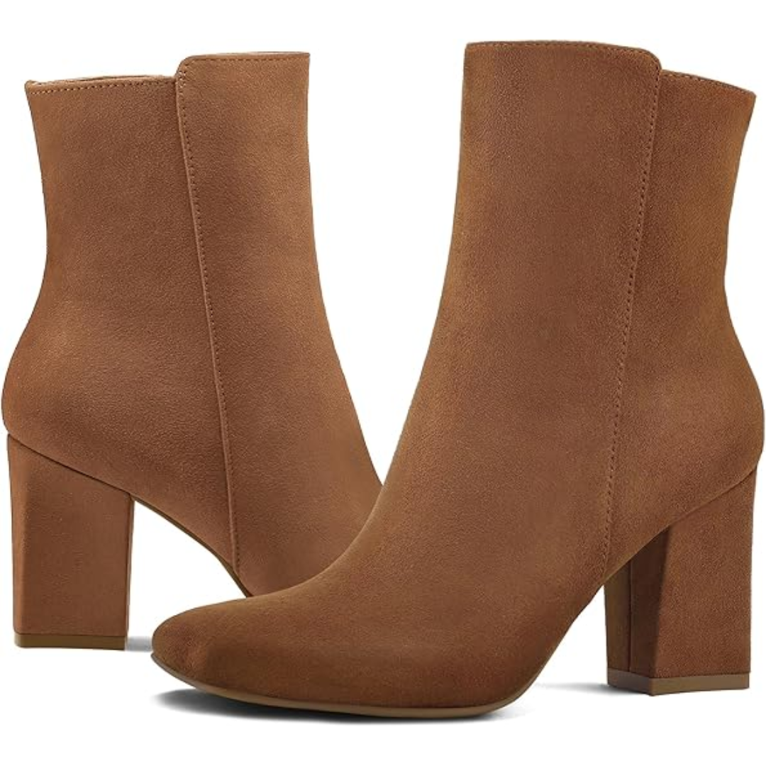Braune Damen-Stiefeletten, Wildleder, Blockabsatz, modisch, Herbst-Winter, elegant.
