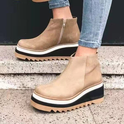 Beige Damen Plateau-Stiefeletten, Leder, Reißverschluss, modisch, rutschfeste Sohle, Herbstmode.
