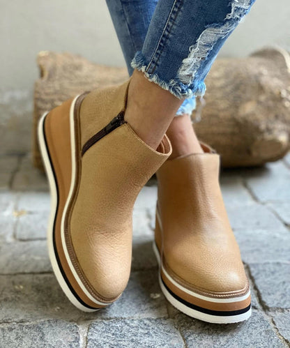 Damen Stiefeletten beige Leder, Plateau, Reißverschluss, modisch, bequem, Jeans, Pflastersteine.
