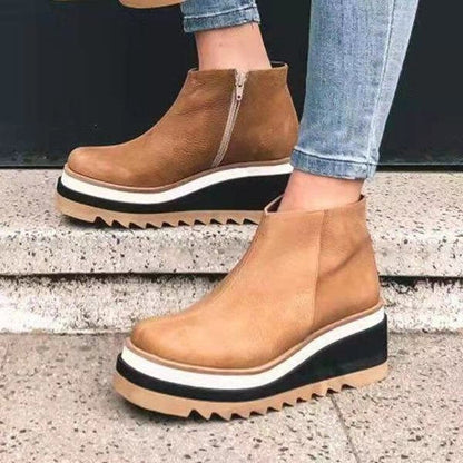 Damen Plateau Stiefeletten, braun, Leder, Reißverschluss, modisch, Herbstschuhe, rutschfest.