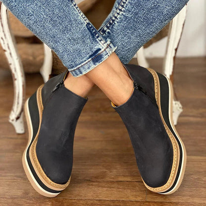 Damen Stiefeletten schwarz, Leder, Plateau, Reißverschluss, modisch, bequem, Herbstmode.