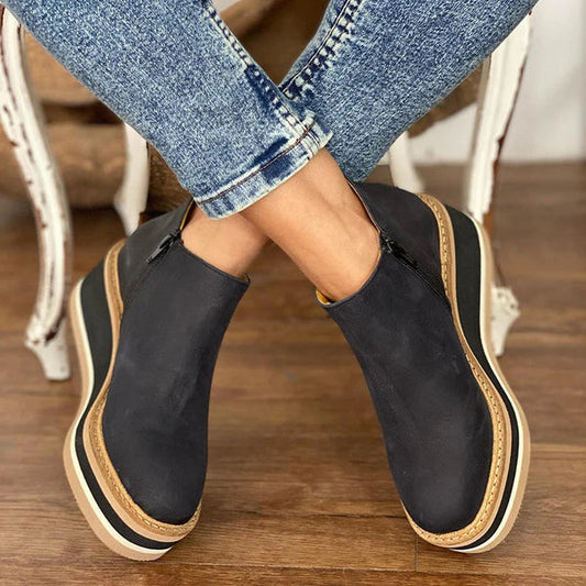 Damen Stiefeletten schwarz, Leder, Plateau, Reißverschluss, modisch, bequem, Herbstmode.