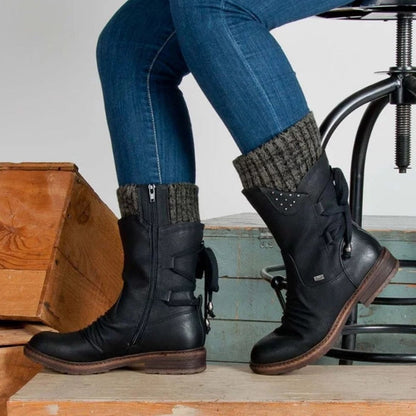 Damenstiefel schwarz Leder, Reißverschluss, Strickbündchen, Herbstmode, lässig, bequem.