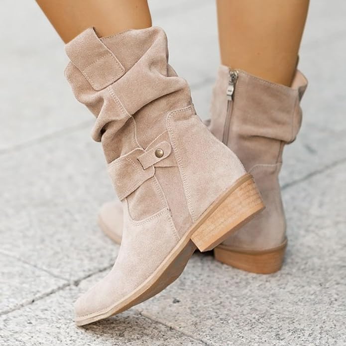 Beige Wildlederstiefel Damen, mittelhoher Absatz, seitlicher Reißverschluss, modisch, bequem