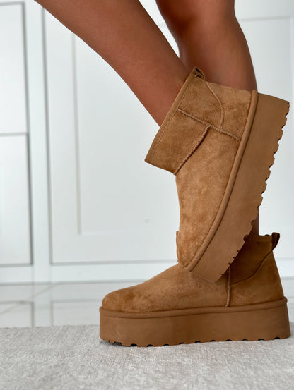 Damen Stiefeletten aus Wildleder, beige, Plateau-Sohle, modisch, Herbst-Winter Schuhe.