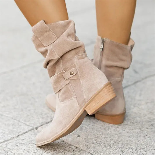 Beige Damen-Winterstiefel, niedriger Absatz, Kunst-Wildleder, lässig, Plus-Size, Reißverschluss.