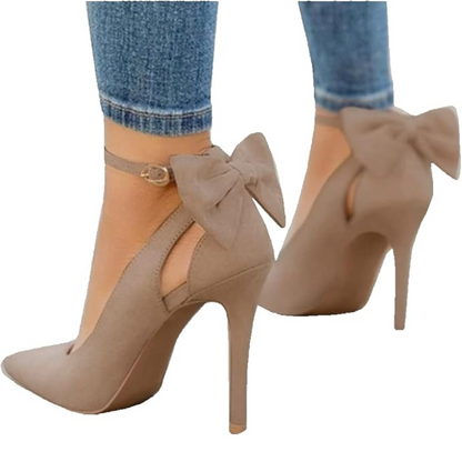 Beige High Heels mit Schleife, Damen Pumps, elegantes Design, modische Schuhe für besondere Anlässe.