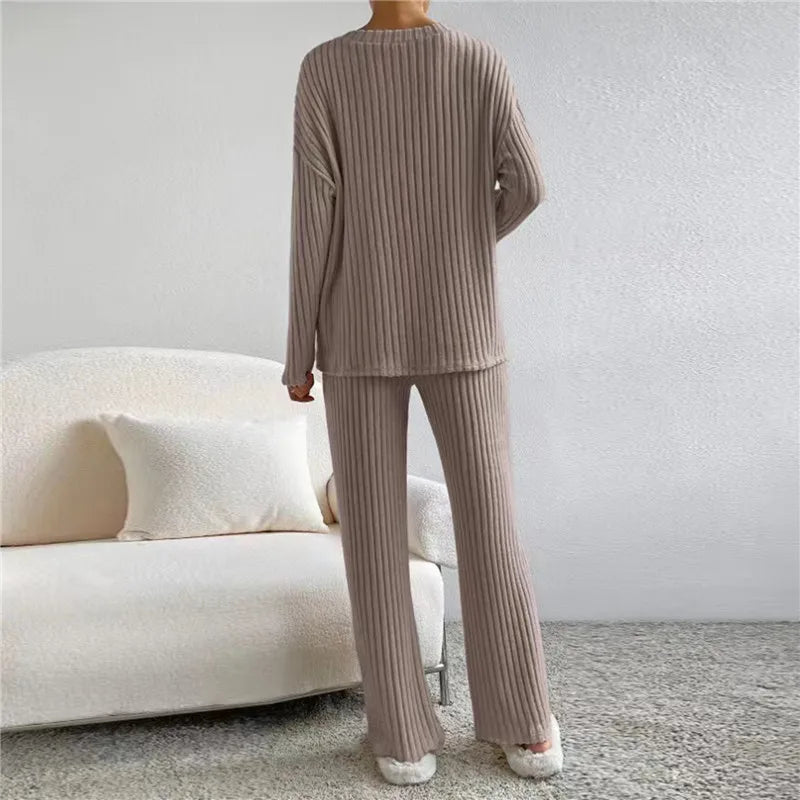Damen Strickset Beige, Loungewear, Rippstrick, Langarm, Hose, Gemütlich, Modetrend 2023