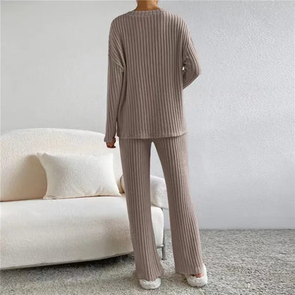 Damen Strickset Beige, Loungewear, Rippstrick, Langarm, Hose, Gemütlich, Modetrend 2023