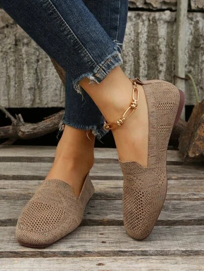 Damen Mokassins beige Strick, lässig, bequem, atmungsaktiv, ideal für Frühling und Sommer.