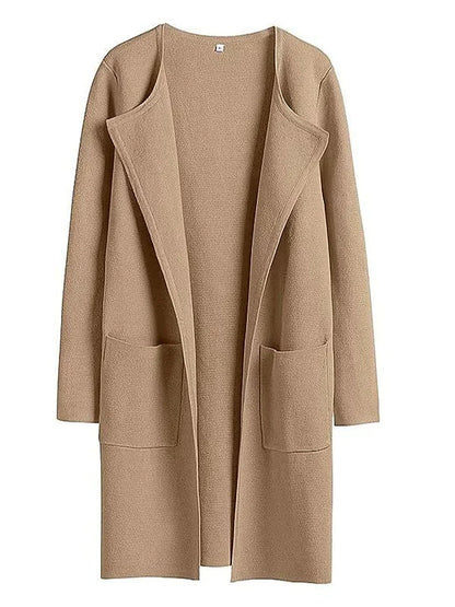Damen Cardigan beige, offener Schnitt, Taschen, Strick, modisch, bequem, Herbstmode.