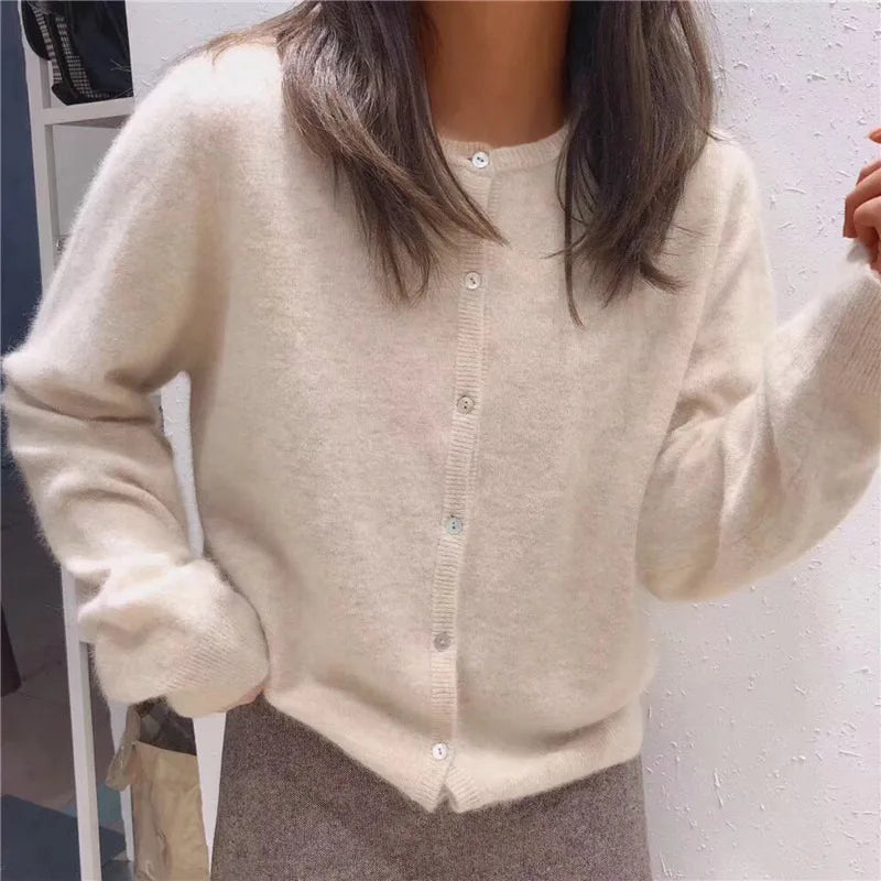 Damen Strickjacke, beige, O-Ausschnitt, lange Ärmel, Knöpfe, lässig, Frühling Herbst Mode.