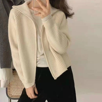 Damen Strickjacke beige, Reißverschluss, gerippt, modisch, warm, Herbst Winter Outfit