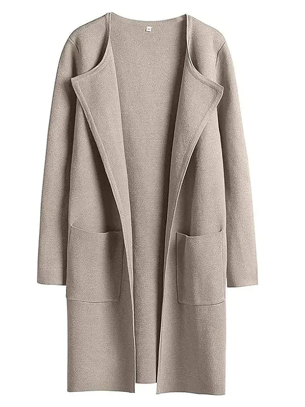 Beiger Damen-Cardigan aus Wolle, offenes Design, lange Ärmel, Taschen, modisch und bequem.