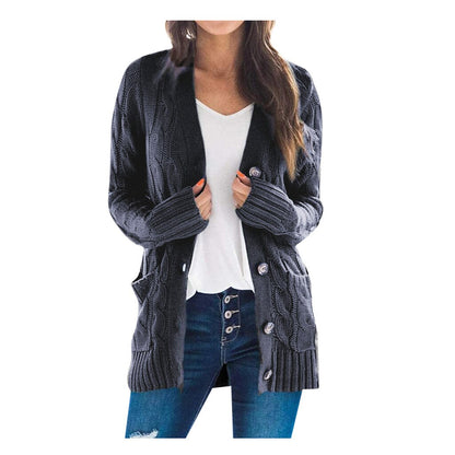 Dunkelgrauer Strick-Cardigan Damen, Knöpfe, Taschen, lässig, Herbstmode, gemütlich.